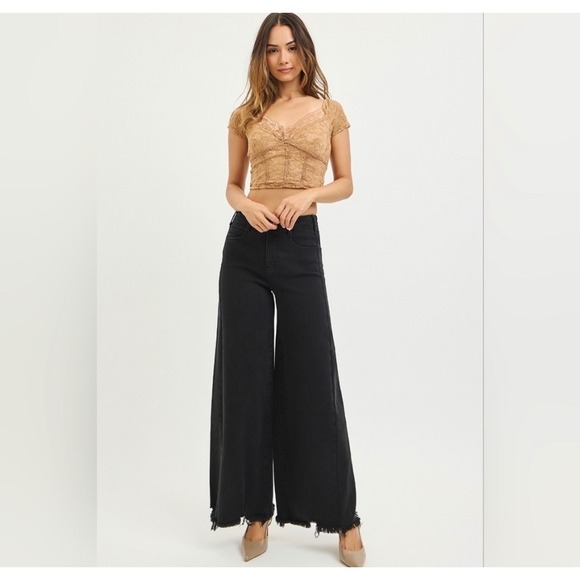 Risen Jeans Denim - Risen Jeans Wide Leg Jeans‎ Womens 13/31 Black New RDP1025 Raw Hem High Rise